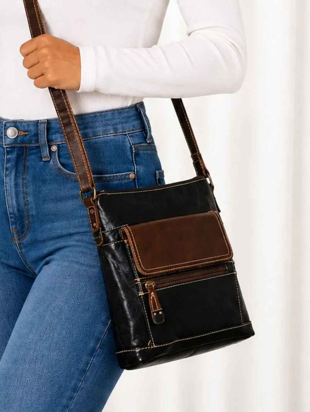 👜 Black Brown Crossbody Messenger Bag Multi Pocket Adjustable Strap Two Tone